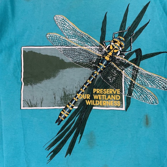 Vintage Nature Shirt Mens Large Teal Preserve Our Wetland Wilderness Dragonfly - Picture 2 of 14